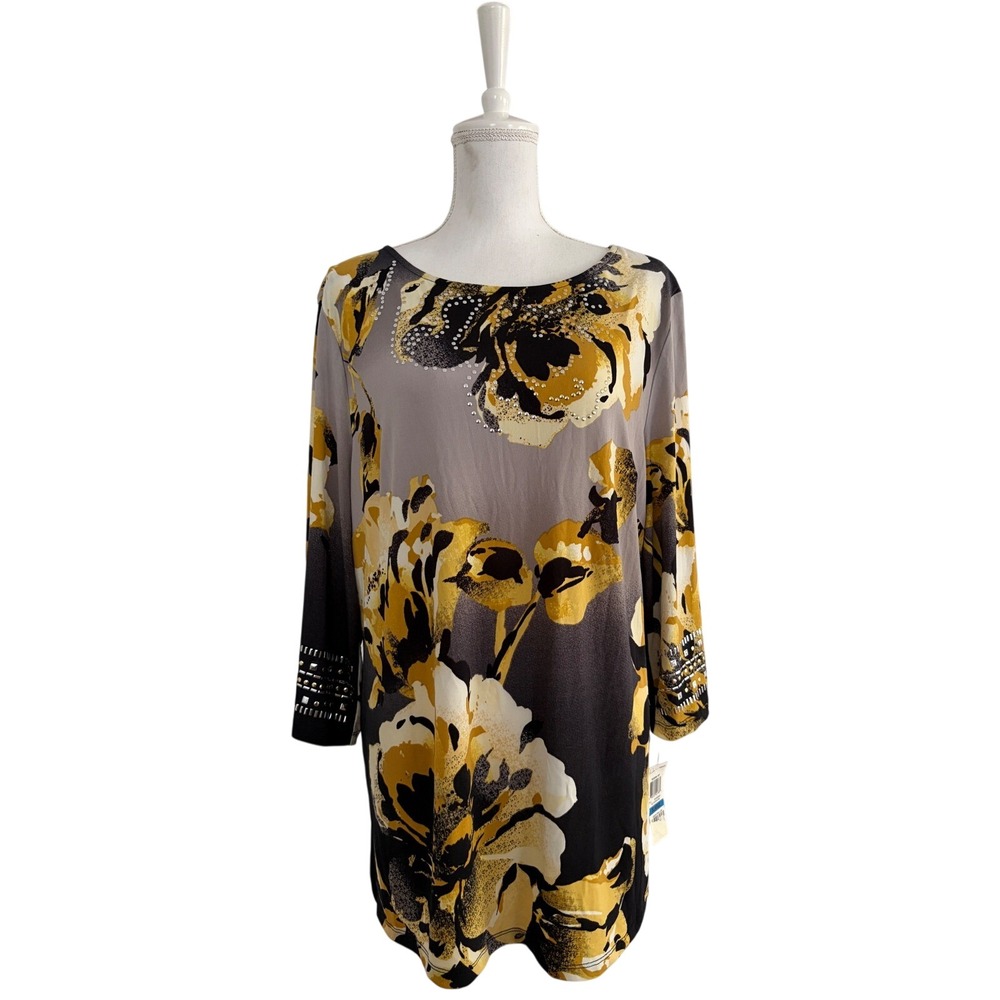 JM Collection Modern Pop Floral Tunic Top Gold Black Studded XL NEW